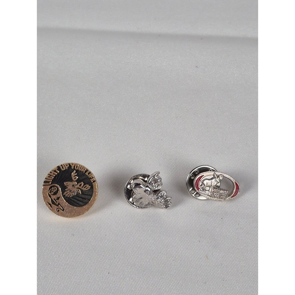 Vintage Moose Lapel Pin Set 3pc Light Up Your Life Because Of You‎ Silver Gold
